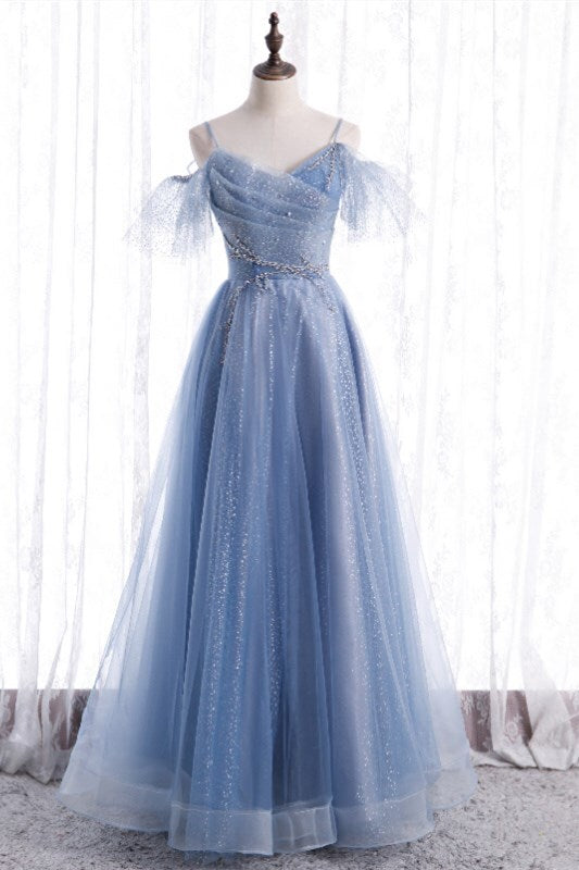 Blue A-line Long Formal Dress with Spaghetti Straps