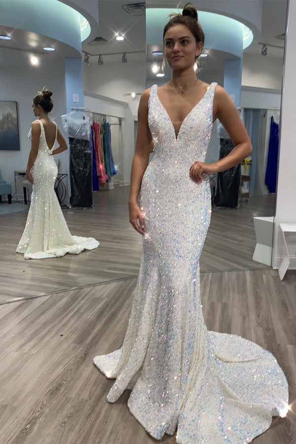 Stunning White Sequin Mermaid Long Formal Dress