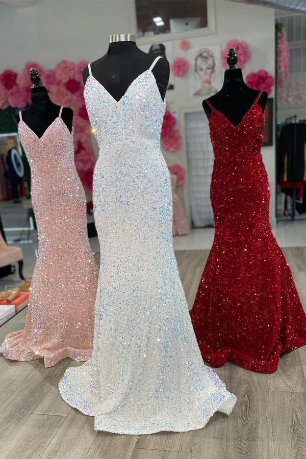 Sparkle Sequin Straps Mermaid Long Prom Dress