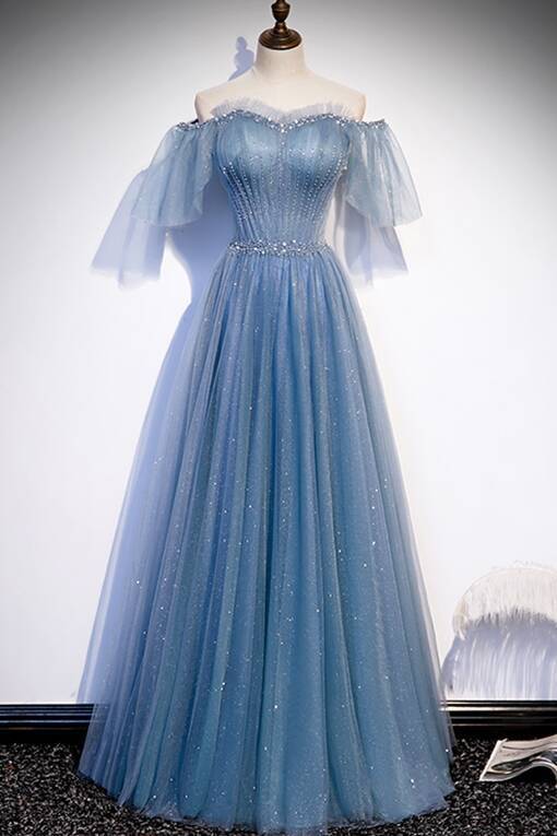 Simple Blue A-line Off the Shoulder Long Prom Dress