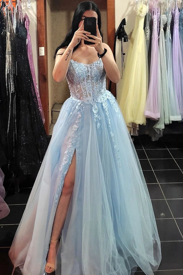 Princess Light Blue Lace Appliques A-line Formal Dress
