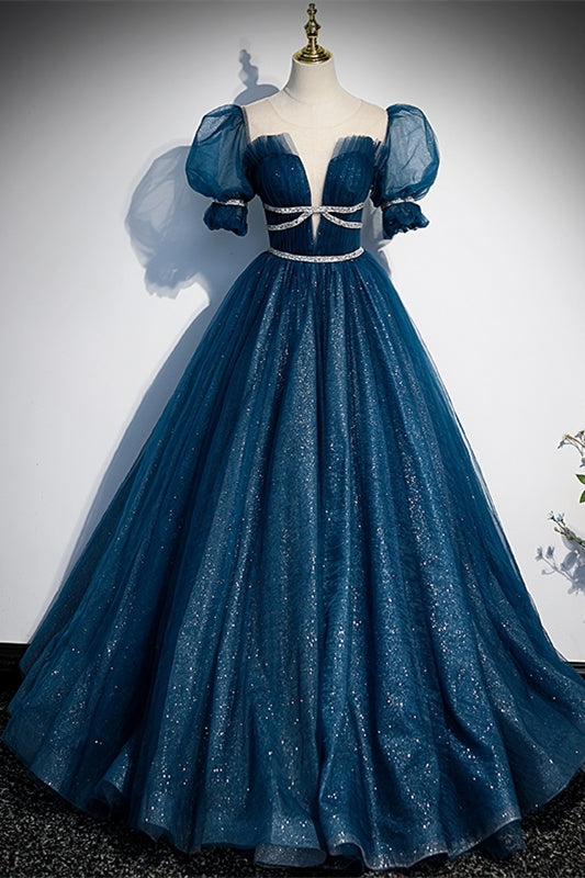 Blue A-line Tulle Long Formal Dress with Short Puffy Sleeves
