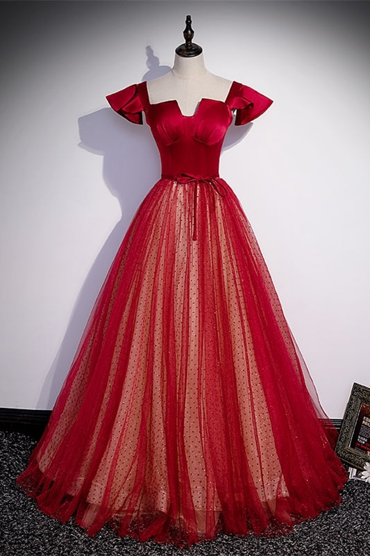 Unique Red A-line Long Princess Dress with Cap Sleeves