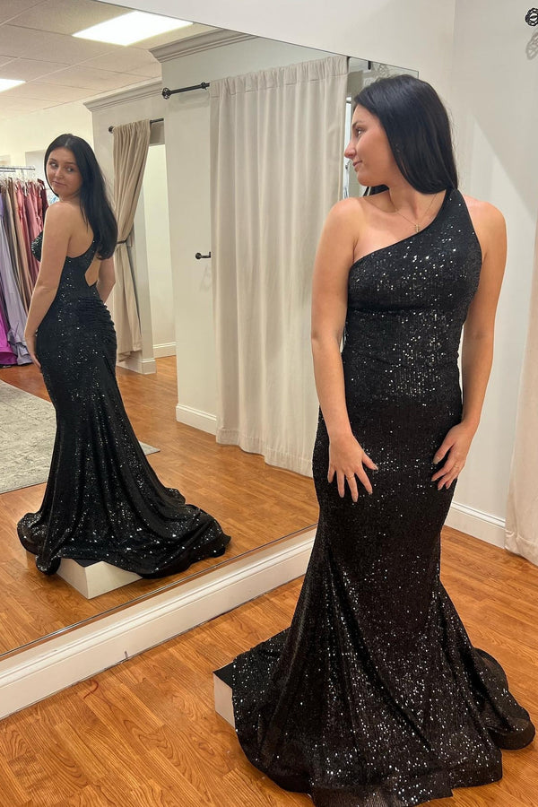 Black Sequin One Shoulder Mermaid Long Formal Dress