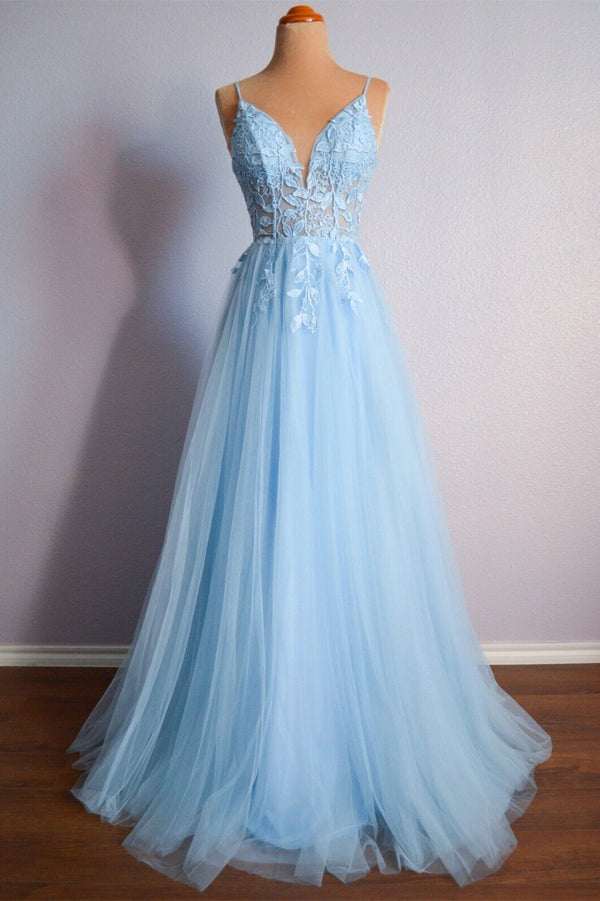 Straps Light Blue Tulle and Lace Appliques Long Formal Dress
