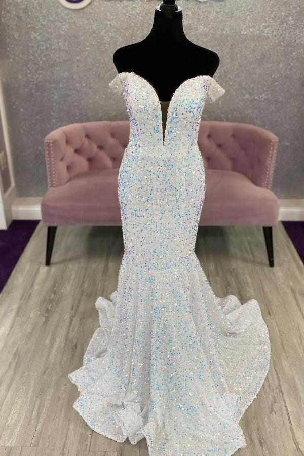 White Sequin Off the Shoulder Mermaid Long Formal Dress