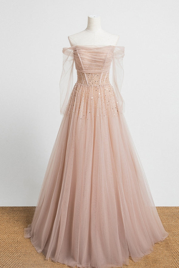 Nude Long Sleeves Tulle and Sequins Long Prom Dress