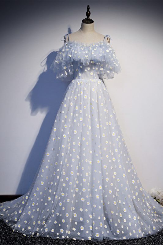 Daisy Floral A-line Long Light Blue Formal Dress