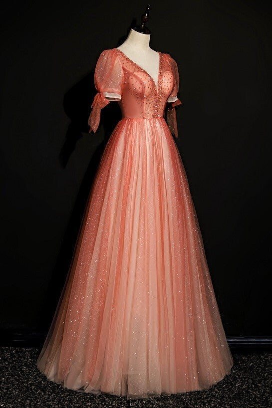 Short Sleeves Red Long Formal Dress