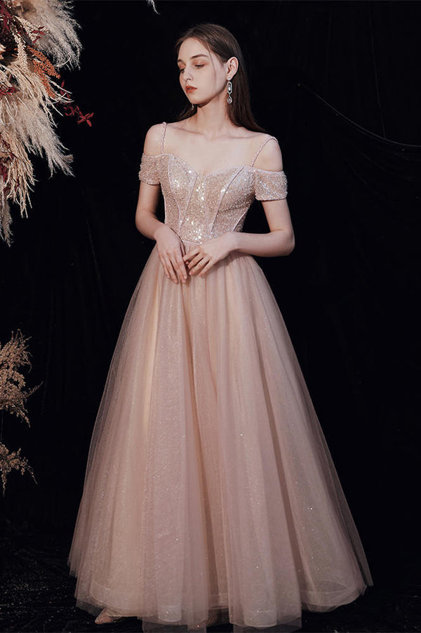 Off the Shoulder Blush Tulle Long Party Dress