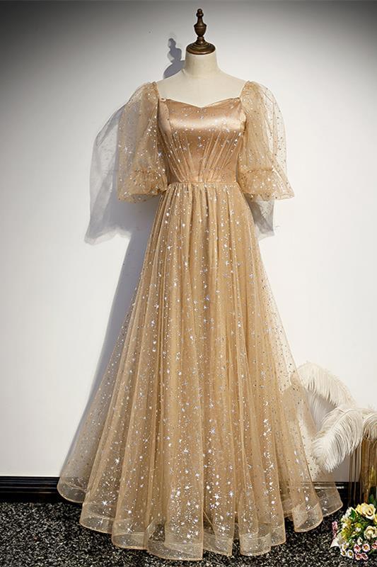 Champagne A-line Tulle Long Formal Dress with Short Bell Sleeves