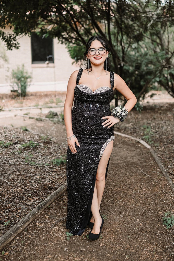 Sexy Black Sequin Tight Long Formal Dress with Slit