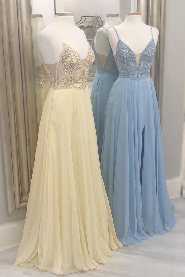 Spaghetti Straps Yellow Lace Appliques Long Formal Dress