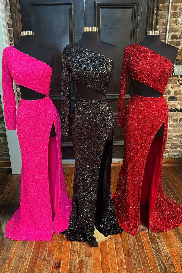 Sexy Sequin One Shoulder Long Sleeve Mermaid Long Formal Dress with Slit
