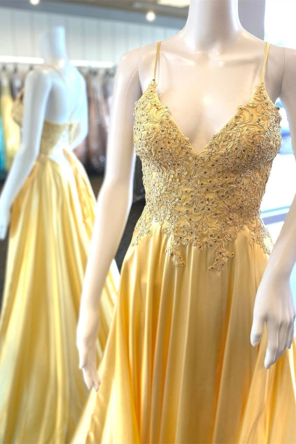 Elegant Yellow Satin Lace Appliques Spaghetti Straps Long Prom Dress