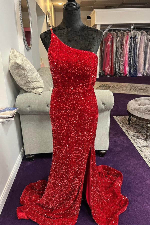 Stunning Red Sequin Mermaid One Shoulder Long Formal Dress