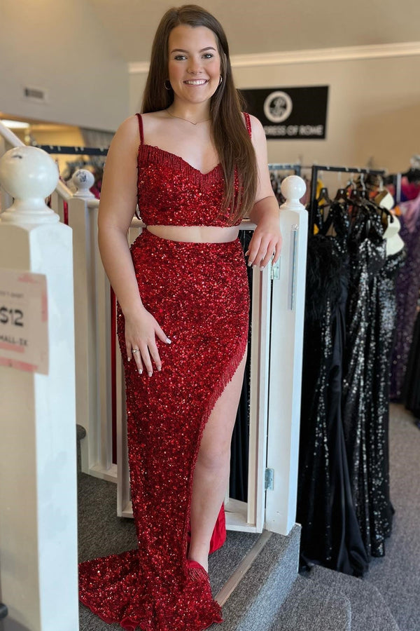 Two Piece Red Sequin Mermaid Tassels Long Formal Dress