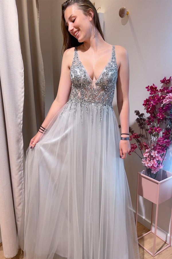 Grey Beaded Plunge A-line Long Formal Dress