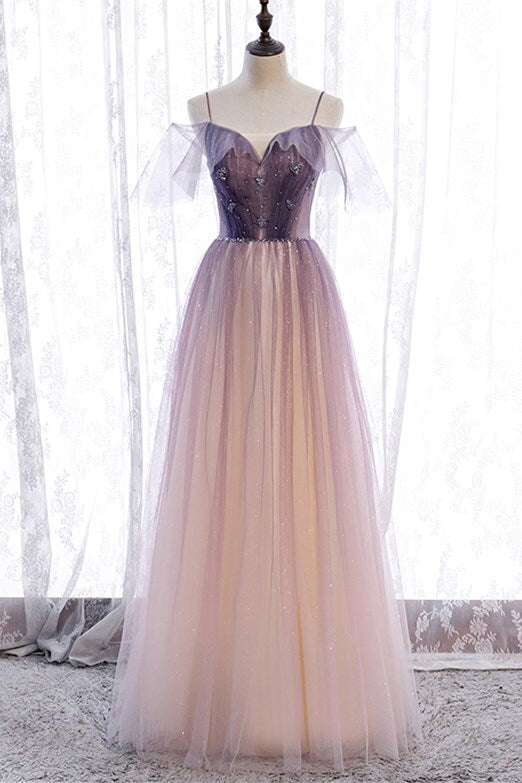 Spaghetti Straps Ombre Purple Long Party Dress