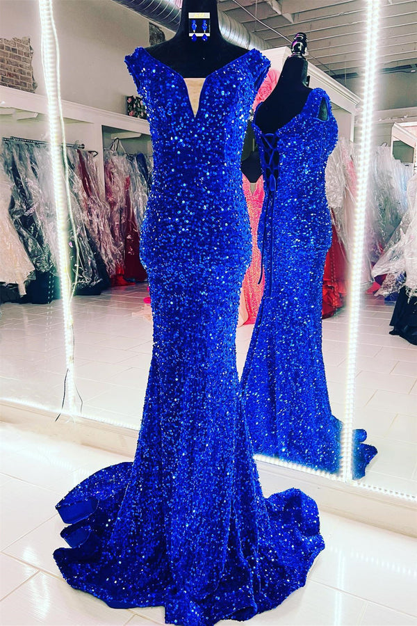 Royal Blue Sequin Off the Shoulder Mermaid Long Prom Dress