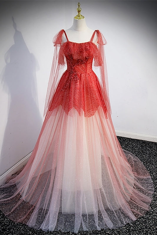 Princess Red Ombre A-line Long Formal Dress with Straps