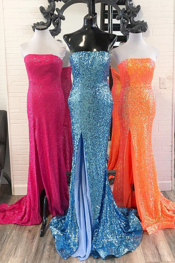 Strapless Sequin Mermaid Long Formal Dress with Slit