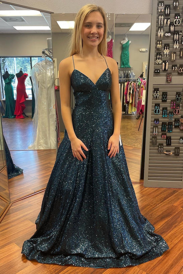 Navy Sequin Straps A-line Long Formal Dress with Straps