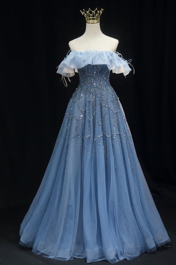Off the Shoulder Blue Beaded A-line Long Formal Dress