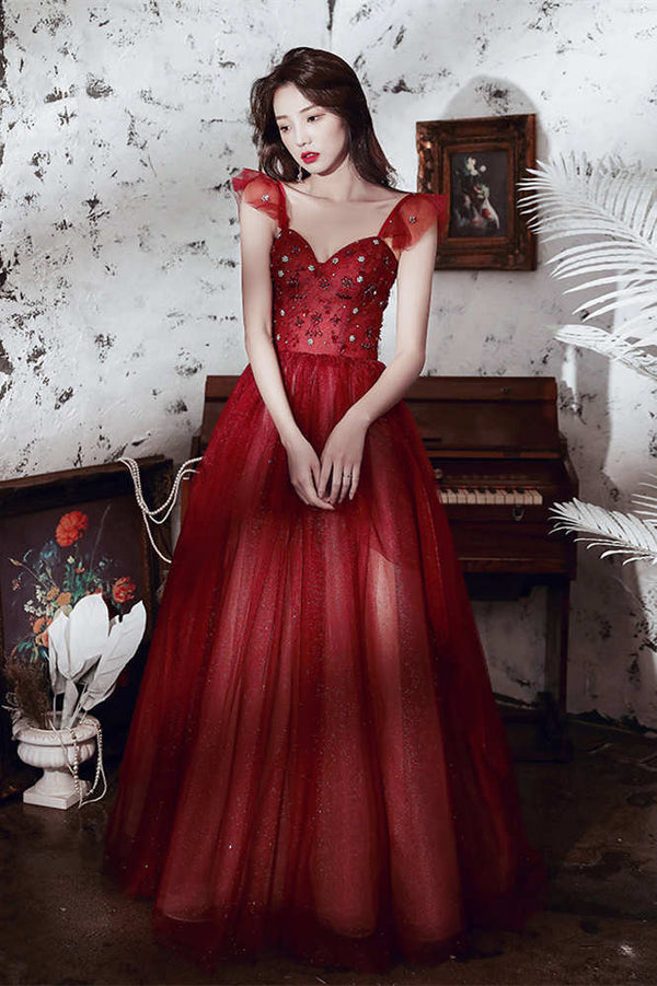 A-line Wine Red Tulle Long Party Dress
