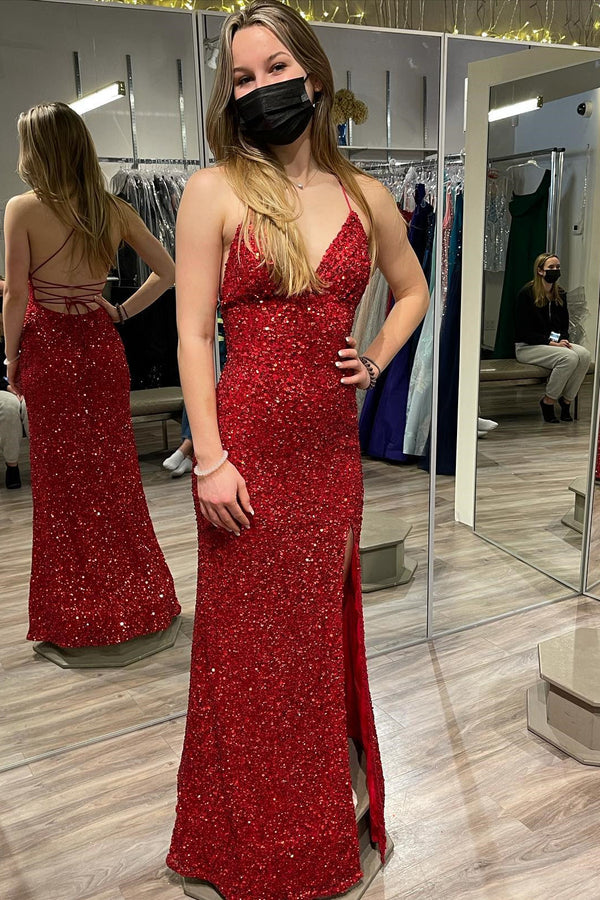 Straps Red Sequin V Neck Mermaid Long Formal Dress