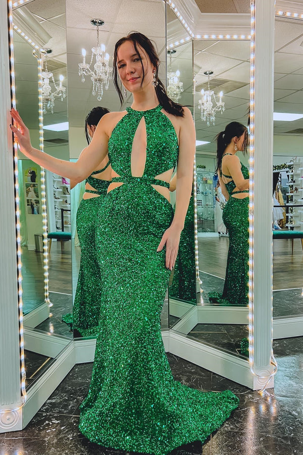 Sexy Green Sequin Halter Mermaid Long Formal Dress