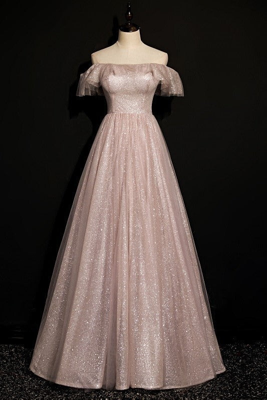 Shimmering Off the Shoulder Rose Gold Long Formal Dress