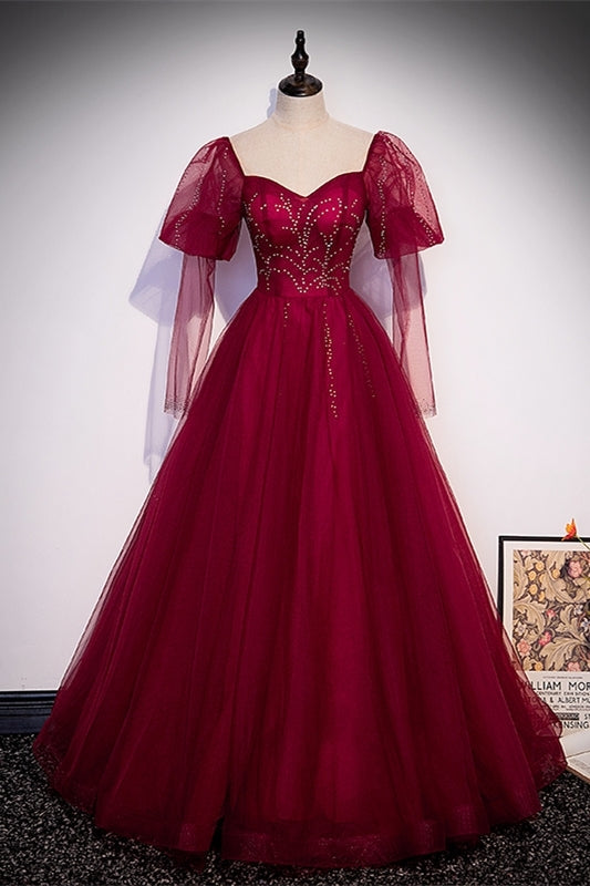 Princess Wine Red A-line Puffy Long Sleeves Formal Dress