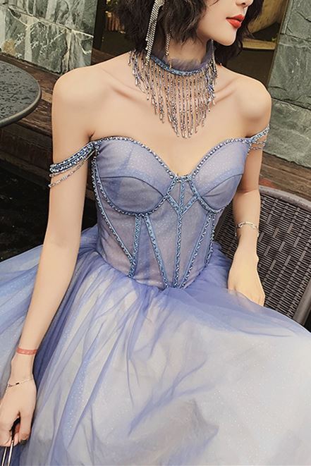 Off the Shoulder Blue Long Prom Dress