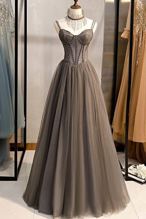 Double Straps Grey A-line Long Prom Dress