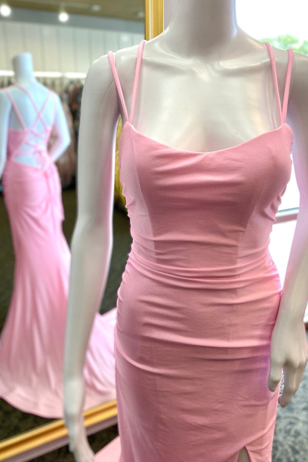 Straps Pink Mermaid Long Formal Dress with Slit
