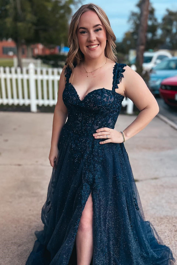 Dark Navy Appliques A-line Long Formal Dress