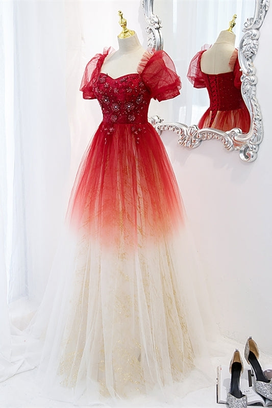 Red Ombre A-line Tulle Long Formal Dress with Short Sleeves