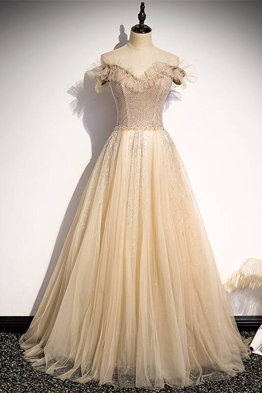 Off the Shoulder Champagne Long Party Dress