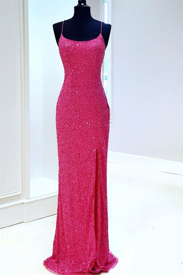 Spaghetti Straps Neon Pink Sequin Mermaid Formal Dress