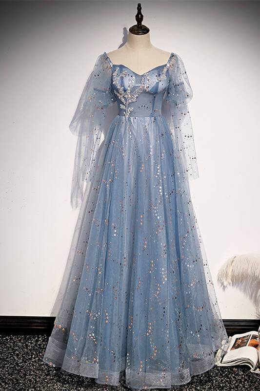 Blue A-line Tulle Fairy Dress with Short Sleeves