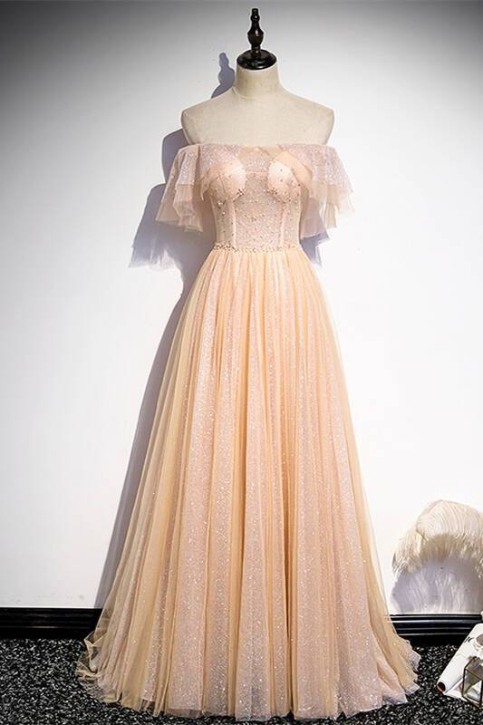 Off the Shoulder Pink Tulle Long Party Dress