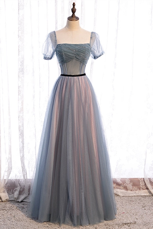 Fairy Short Sleeves Blue Long Formal Dress