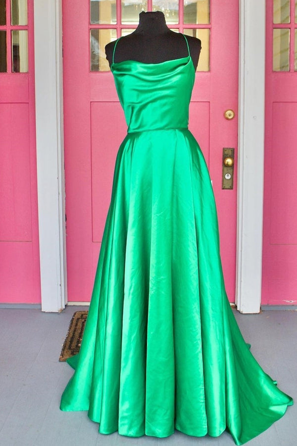 Simple Green A-line Spaghetti Straps Long Prom Dress