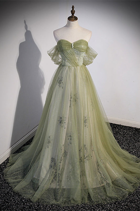Off the Shoulder Green Tulle A-line Fairy Long Formal Dress
