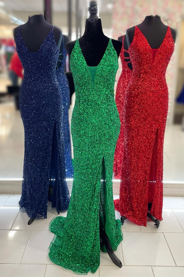 Elegant Mermaid Sequin V Neck Long Formal Dress