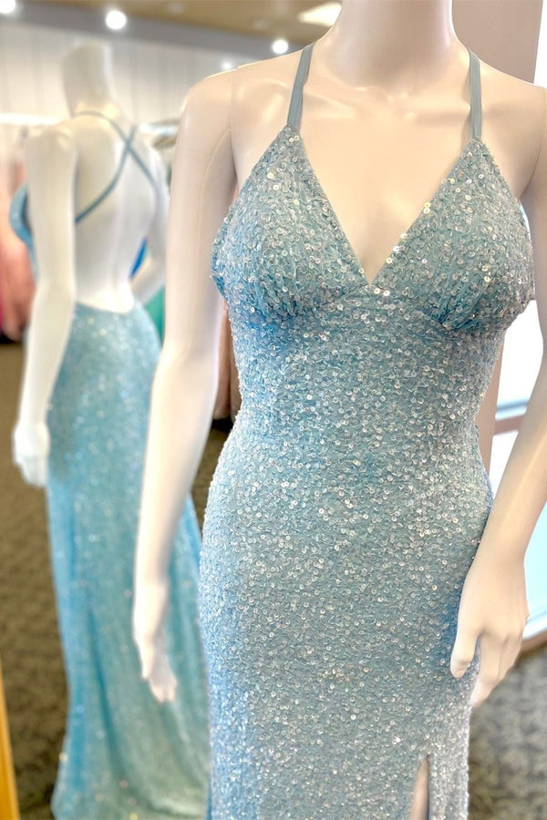 Empire Light Blue Sequin Mermaid Long Formal Dress with Slit