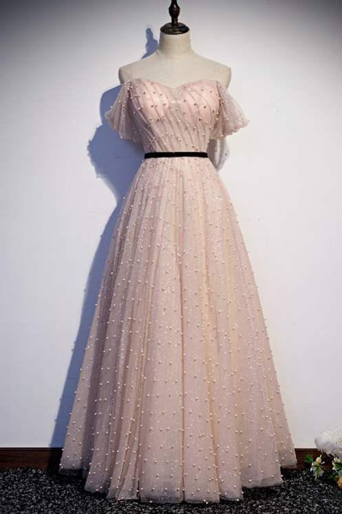 Off the Shoulder Pink Pearls Long Prom Dress