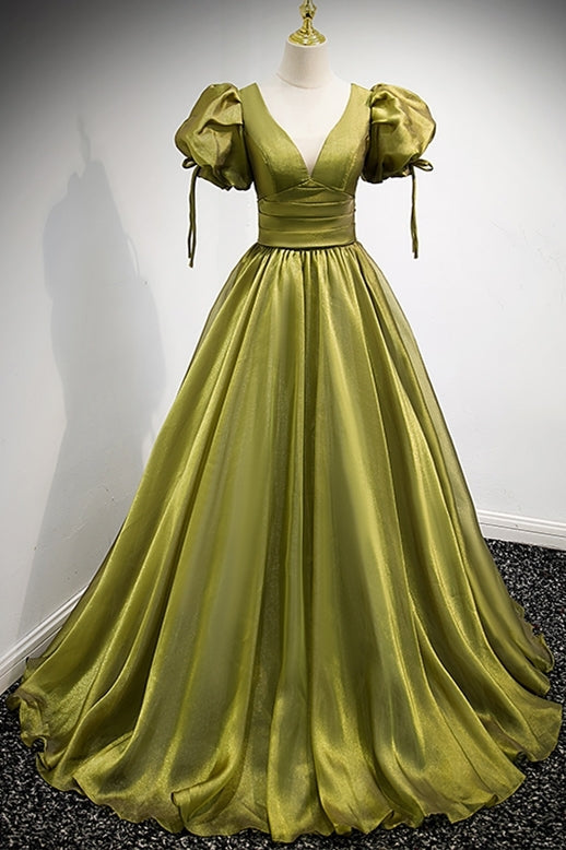 Short Puffy Sleeves Empire A-line Long Formal Dress