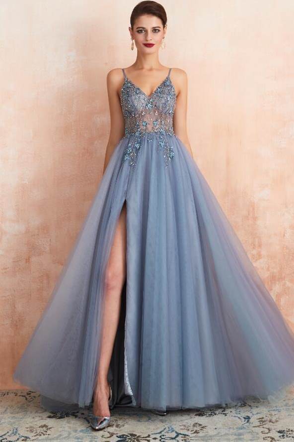 Misty Blue A-line Beaded Long Formal Dress with Side Slit